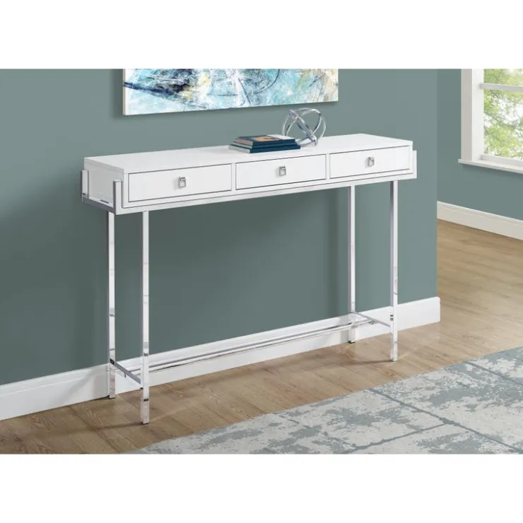 Monarch Accent table - 48"l / glossy / chrome metal - White Clearance