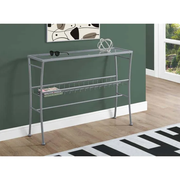 Monarch Accent table - 42"l / /tempered glass hall console - Silver