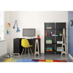 Nexera Atypik 2-Drawer Desk, Black And Plywood - Black and Beige