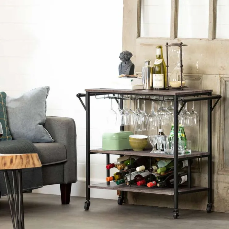 Meubles South Shore Bar Cart With Bottle Storage - South Shore WEATHERED OAK AND MATTE BLACK New