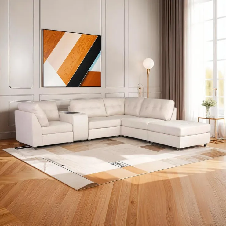 Modular Sectional with Console and Ottoman - 6 pcs Beige Sale