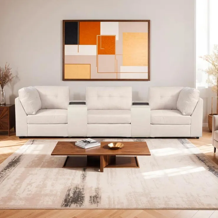 Modular Sofa with 2 Consoles - 5 pcs Beige
