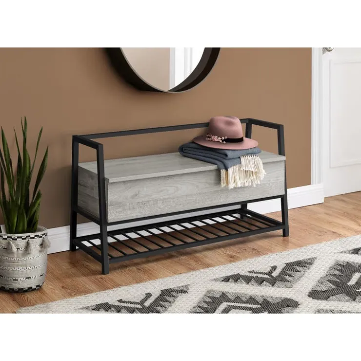 Monarch Bench - shoe rack / flip top storage - 42"l - wood-look / black metal - Grey Outlet