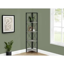 Monarch Bookcase - 4 tier corner etagere - metal frame x-design - 60"h - wood-lo - Grey Online
