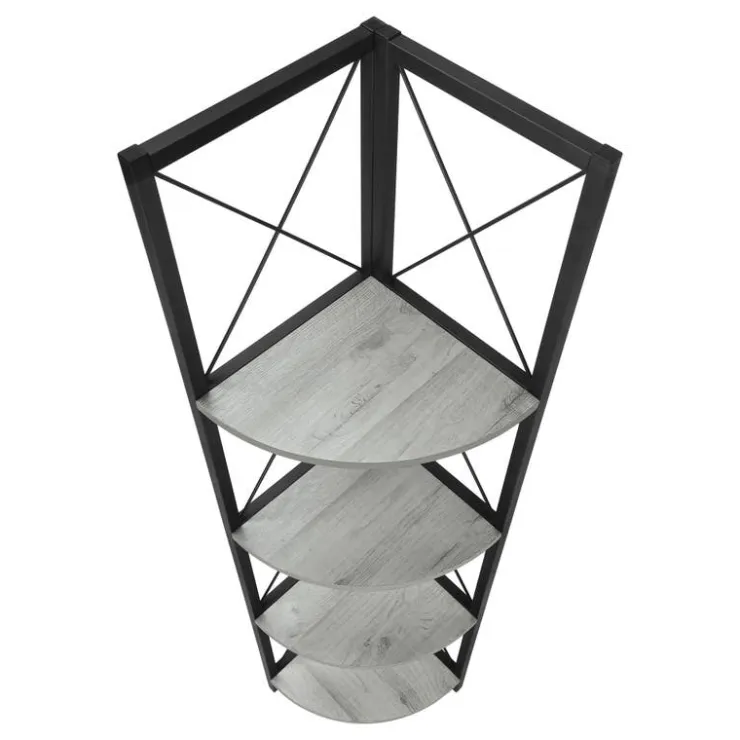 Monarch Bookcase - 4 tier corner etagere - metal frame x-design - 60"h - wood-lo - Grey Online