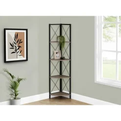 Monarch Bookcase - 4 tier corner etagere - metal frame x-design - 60"h - w - Dark Taupe Clearance