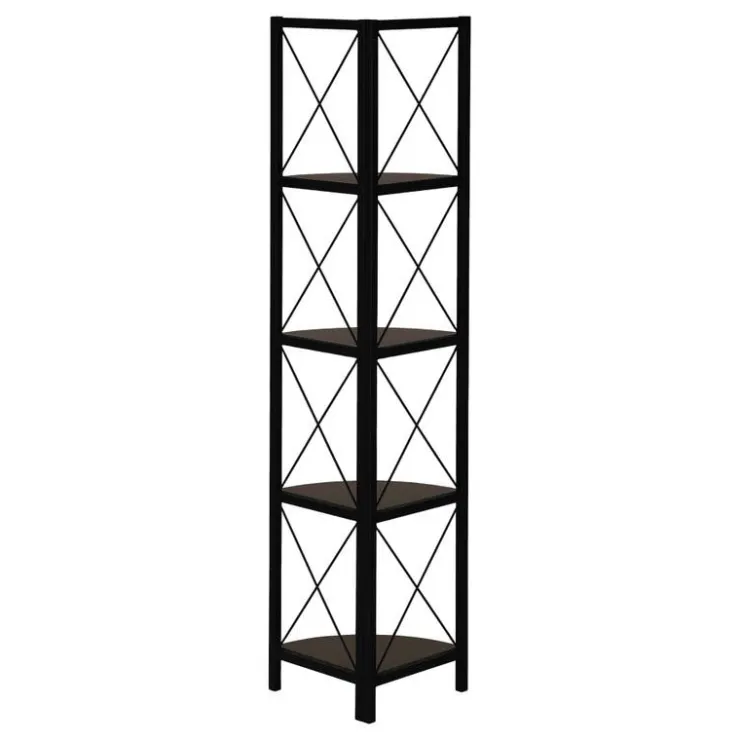 Monarch Bookcase - 4 tier corner etagere - metal frame x-design - 60"h - /bla - Espresso