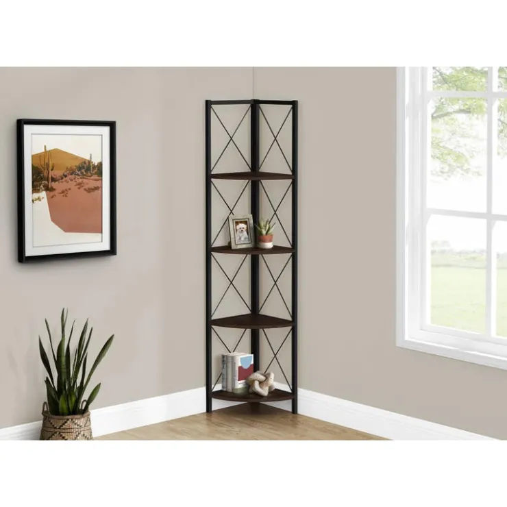 Monarch Bookcase - 4 tier corner etagere - metal frame x-design - 60"h - /bla - Espresso