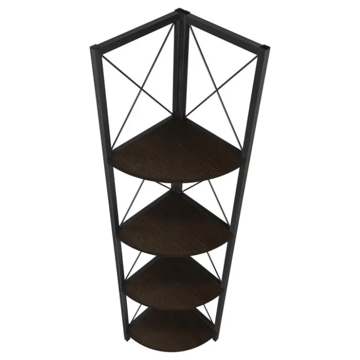 Monarch Bookcase - 4 tier corner etagere - metal frame x-design - 60"h - /bla - Espresso