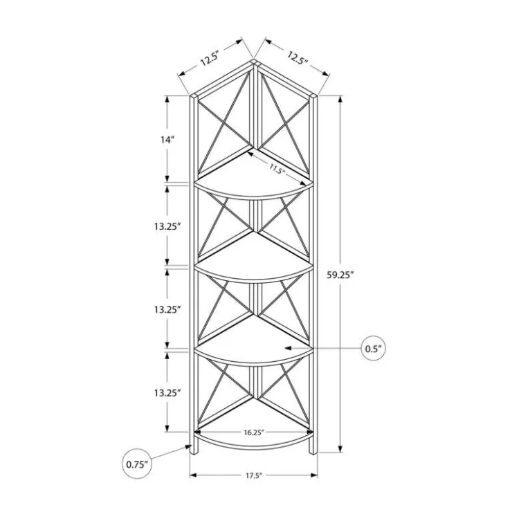 Monarch Bookcase - 4 tier corner etagere - metal frame x-design - 60"h - marble - White Outlet