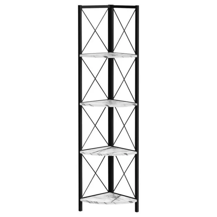 Monarch Bookcase - 4 tier corner etagere - metal frame x-design - 60"h - marble - White Outlet