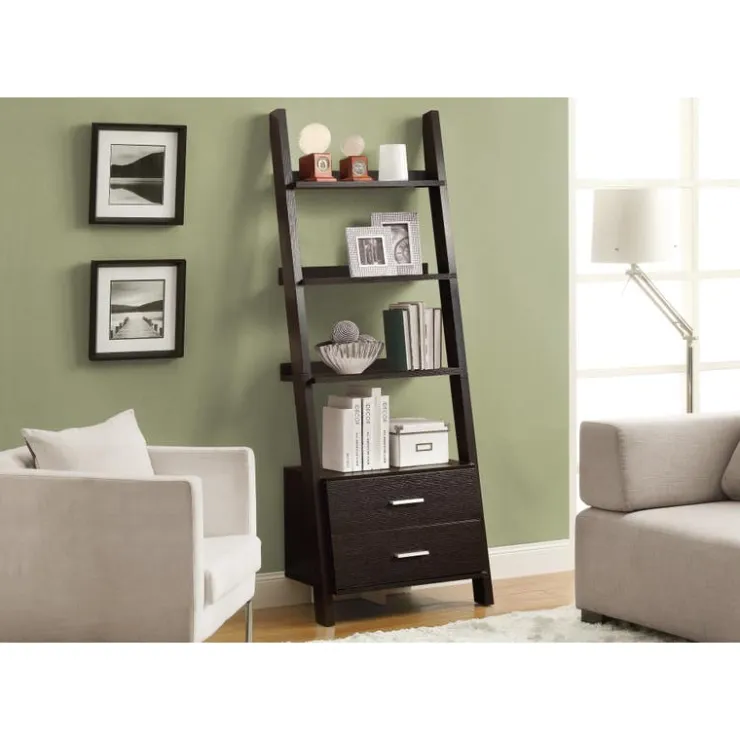 Monarch Bookcase - 69"h / ladder w/ 2 storage drawers - Espresso Clearance