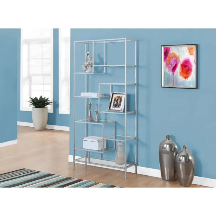 Monarch Bookcase - 72"h / metal with tempered glass - Silver Outlet