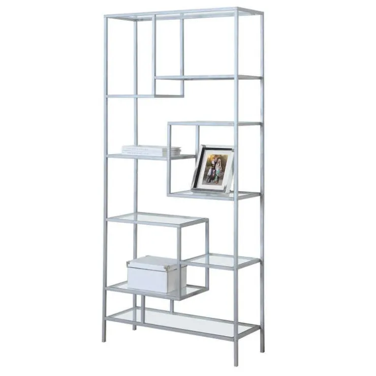 Monarch Bookcase - 72"h / metal with tempered glass - Silver Outlet