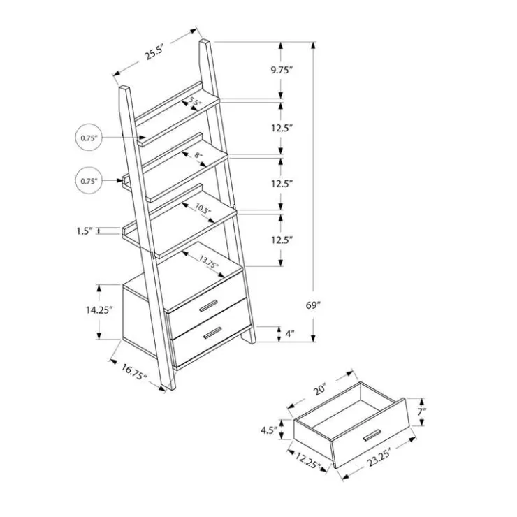 Monarch Bookcase - 69"h / white ladder with 2 storage drawers - Brown Hot