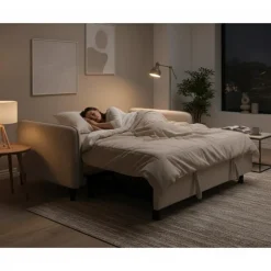 Bouclé Fabric Loveseat Bed Beige
