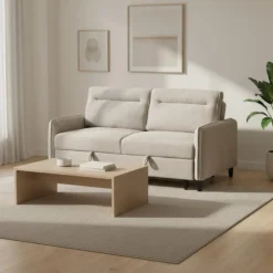Bouclé Fabric Loveseat Bed Beige