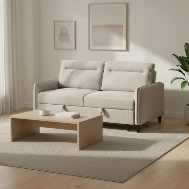 Bouclé Fabric Loveseat Bed Beige