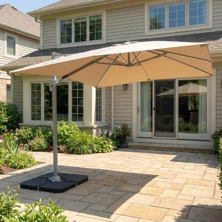 Cantilever Patio Umbrella with 360° Rotation and Solar LED Lighting - 10 ft Beige
