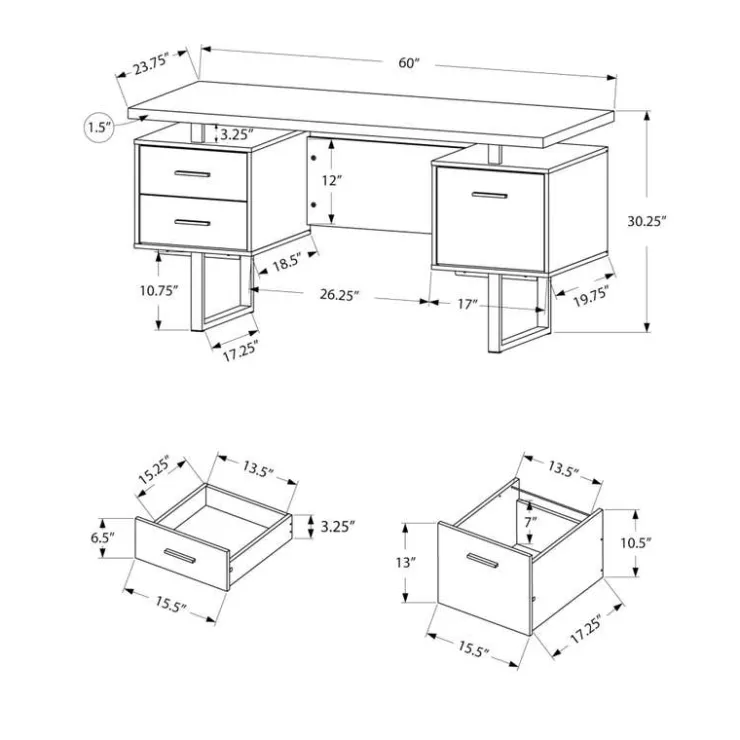 Monarch Computer desk - 3 storage drawers / reversible / floating desktop - 60"l - br - Brown Clearance