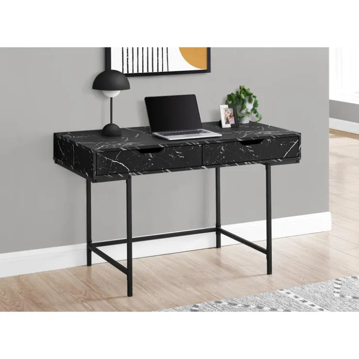 Monarch Computer desk - 2 storage drawers / recessed metal legs - 48"l - marble - Black