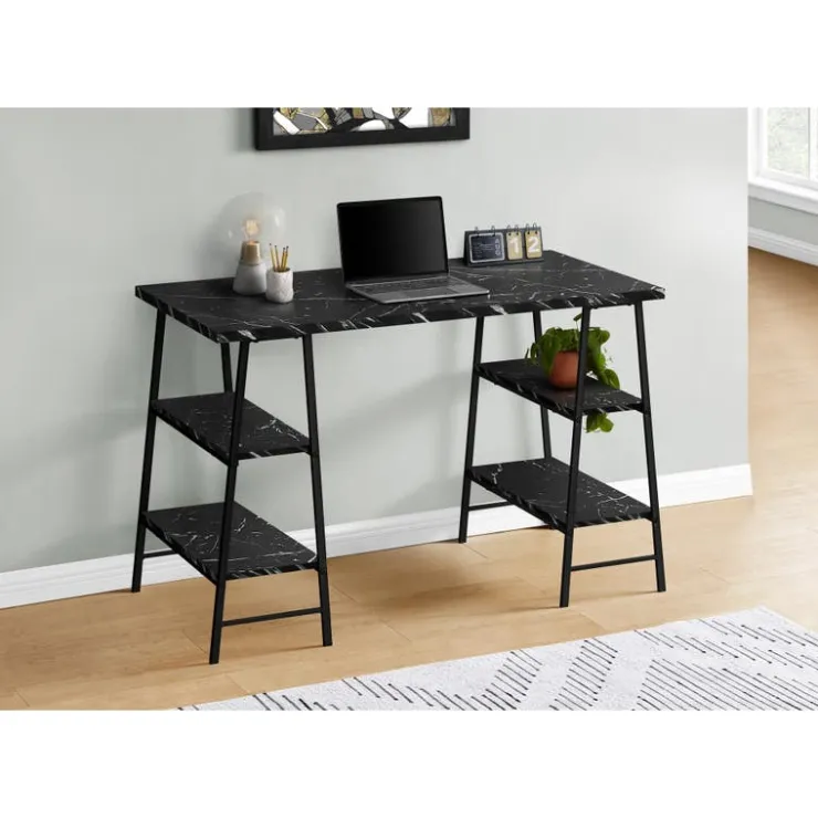 Monarch Computer desk - 3 tiers / 4 open shelves / sawhorse style - 48"l - marb - Black Hot