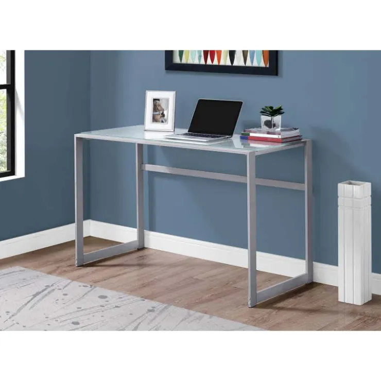 Monarch Computer desk - 48"l / metal/ white tempered glass - Silver Outlet