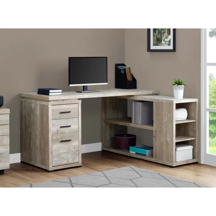 Monarch Computer desk - l-shaped / corner / 3 drawers / 2 open shelves / 3 cubbies - - Taupe New
