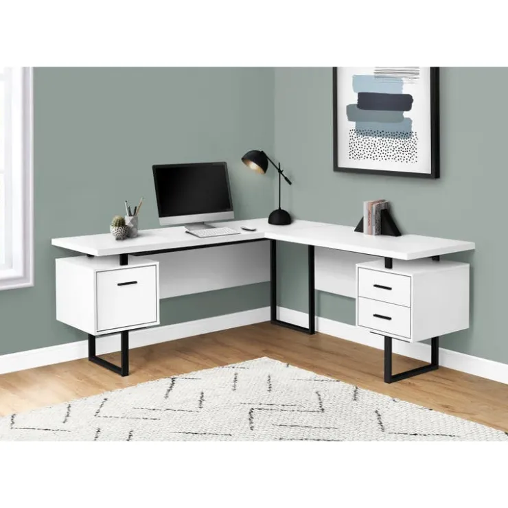 Monarch Computer desk - l-shaped / corner / 3 drawers / metal legs / reversible - 71" - White Sale