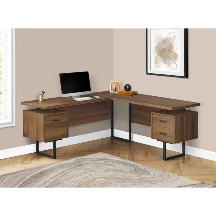 Monarch Computer desk - l-shaped / corner / 3 drawers / metal legs / reversible - 71" - Walnut Discount