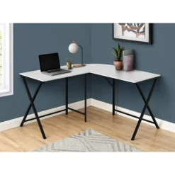 Monarch Computer desk - l-shaped / rounded corner / metal base with x-shaped sides - - White Clearance