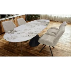 Convertible & Extendable Oval Dining Table with Pedestal & 4 Bouclé Fabric Chairs - 63" Black Matte Metal Outlet