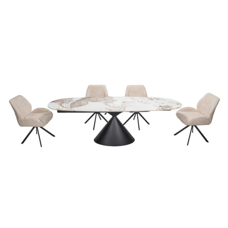 Convertible & Extendable Oval Dining Table with Pedestal & 4 Bouclé Fabric Chairs - 63" Black Matte Metal Outlet