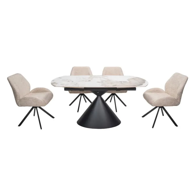 Convertible & Extendable Oval Dining Table with Pedestal & 4 Bouclé Fabric Chairs - 63" Black Matte Metal Outlet