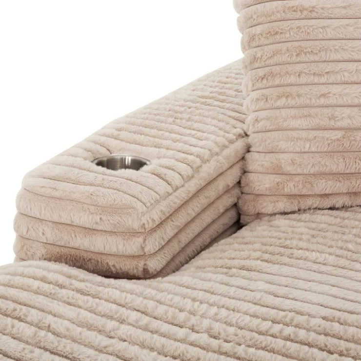 Corduroy Velvet Chaise with Cup Holders and USB Ports - Light Taupe Grey-brown Clearance