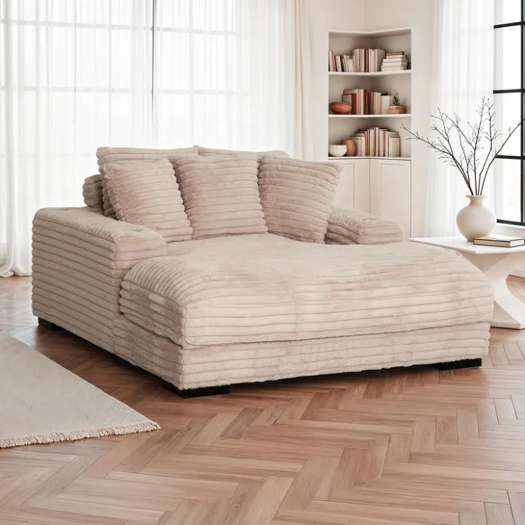 Corduroy Velvet Chaise with Cup Holders and USB Ports - Light Taupe Grey-brown Clearance
