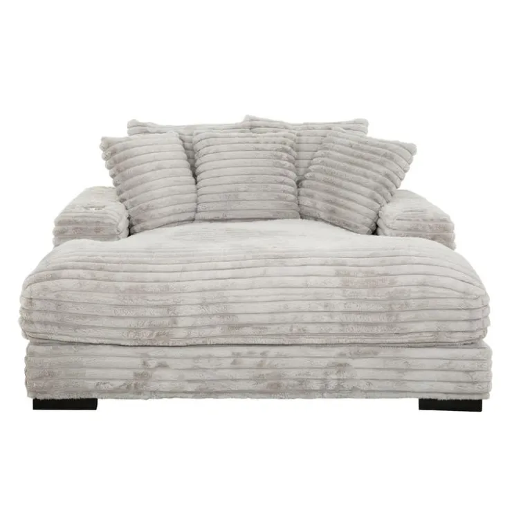 Corduroy Velvet Chaise with Cup Holders and USB Ports - Grey