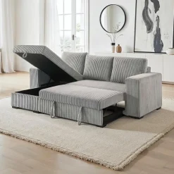 Corduroy Velvet Reversible Sectional Bed with Storage Grey