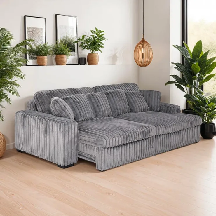 Corduroy Velvet Sectional with Power Slider and Chaise Dark Grey
