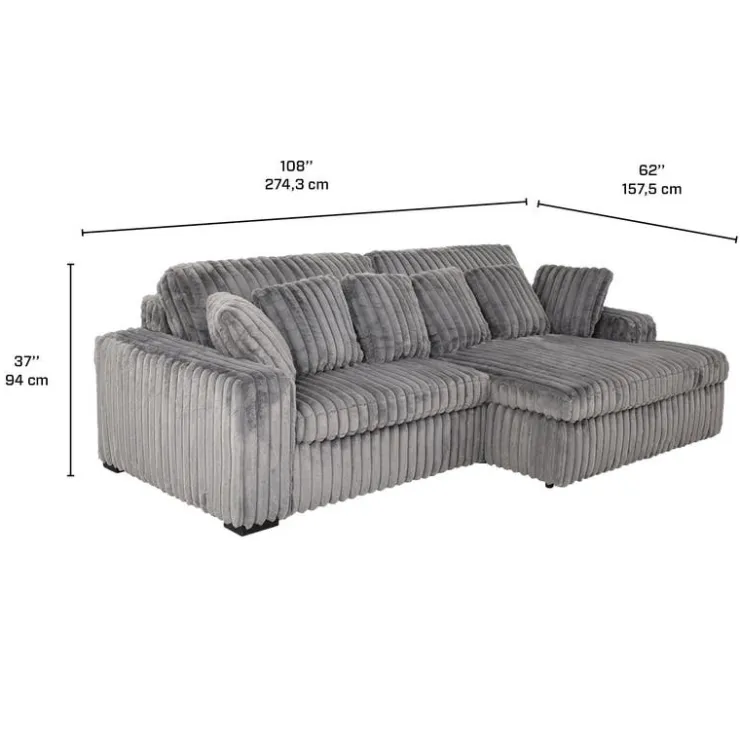 Corduroy Velvet Sectional with Power Slider and Chaise Dark Grey