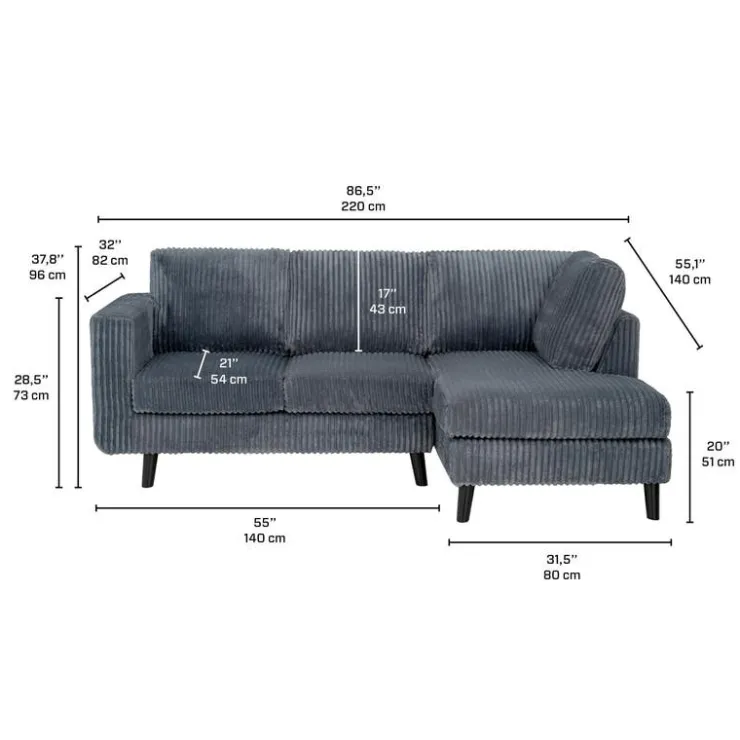 Corduroy Velvet Sectional with Right-Side Chaise Grey Sale
