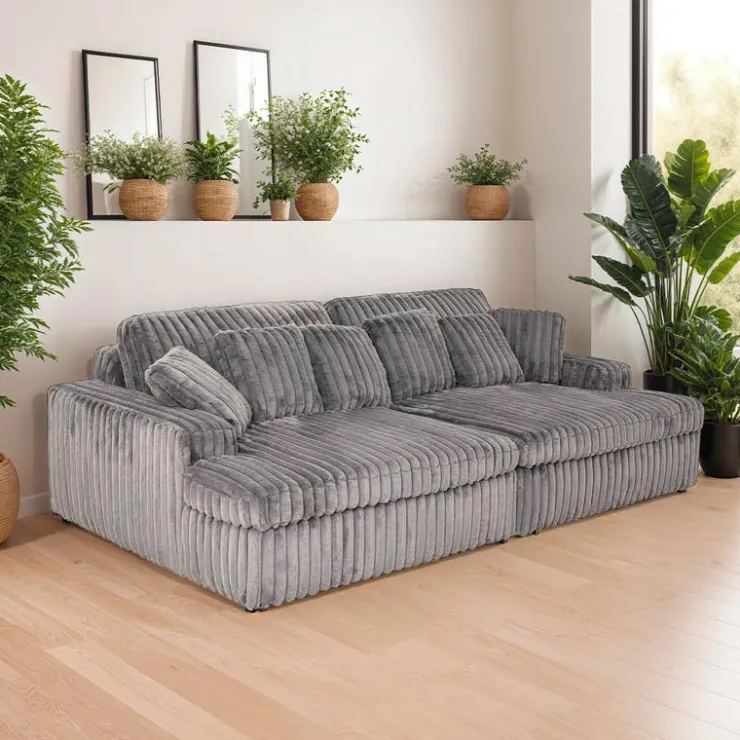Corduroy Velvet Sofa with 2 Chaises Dark Grey Clearance