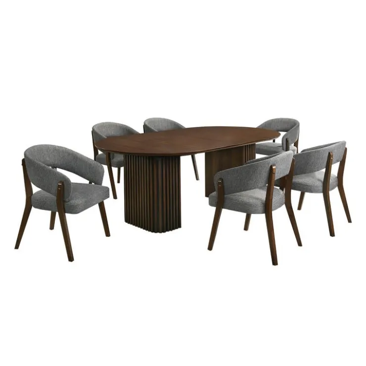 Extendable Round Pedestal Dining Table (48 to 83") with 6 Chairs Brown/Grey Best
