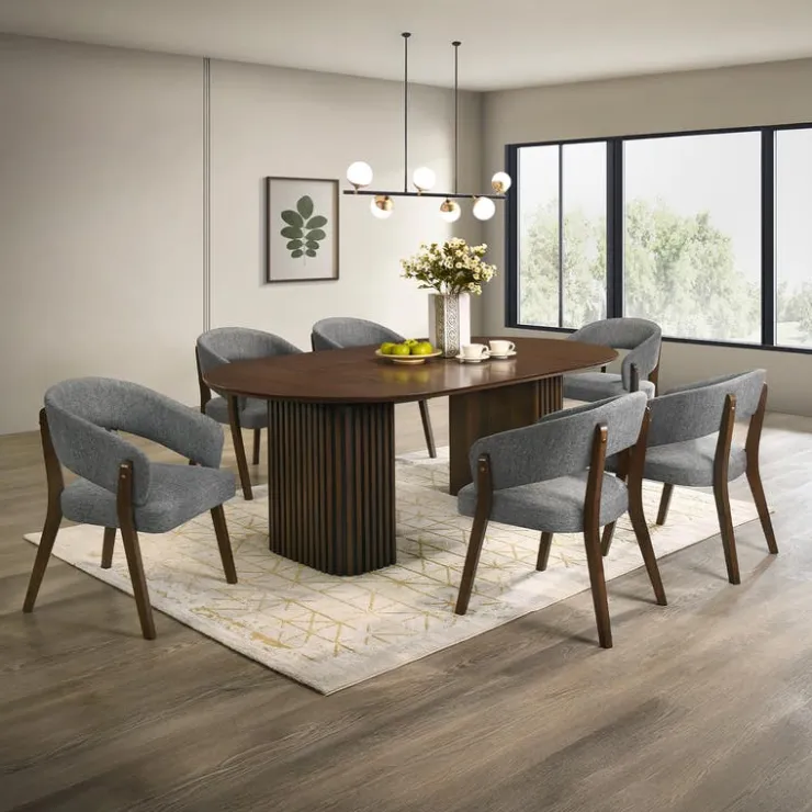 Extendable Round Pedestal Dining Table (48 to 83") with 6 Chairs Brown/Grey Best