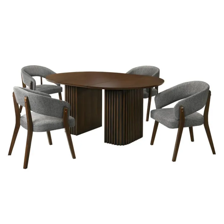 Extendable Round Pedestal Dining Table (48 to 83") with 4 Chairs Brown Outlet