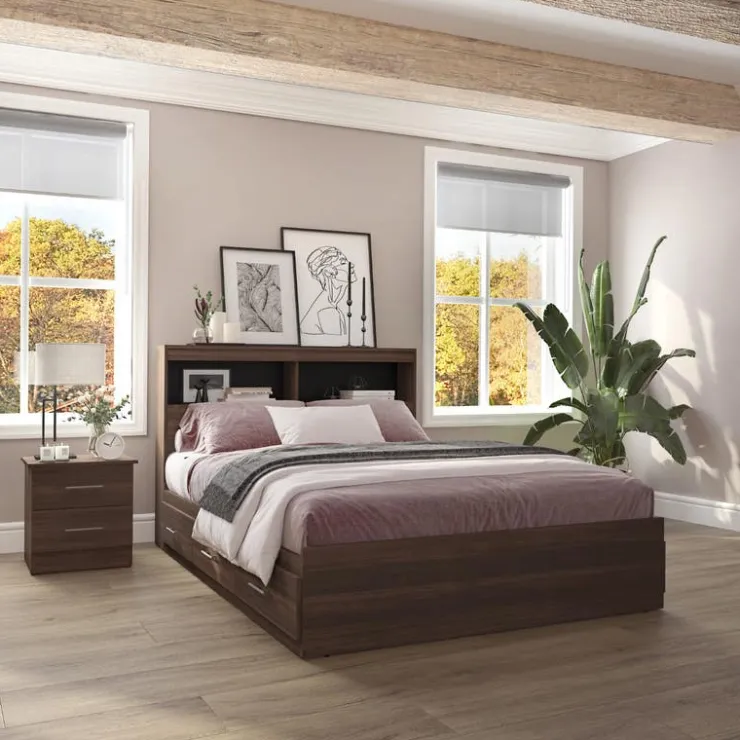 SUA-V Full Bed with 6-Drawer Storage Headboard and Nightstand (54") Taupe New