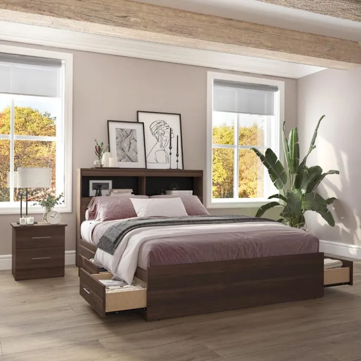 SUA-V Full Bed with 6-Drawer Storage Headboard and Nightstand (54") Taupe New
