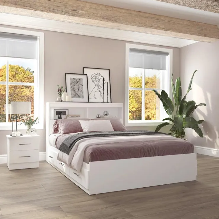 SUA-V Full Bed with 6-Drawer Storage Headboard and Nightstand (54") Blanc Discount