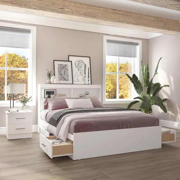 SUA-V Full Bed with 6-Drawer Storage Headboard and Nightstand (54") Blanc Discount