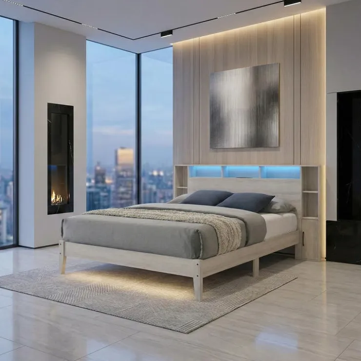 Full Bed with LED, Wireless Charger, USB and Storage - 54" Grey Clearance